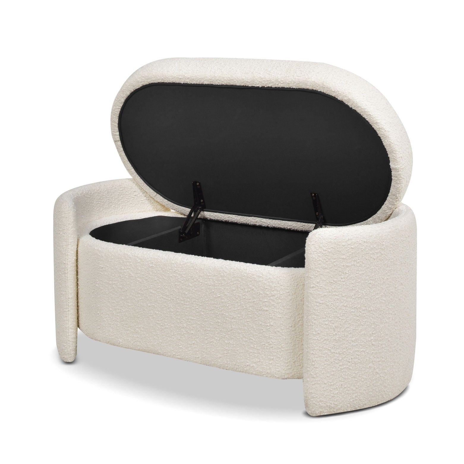 Fuji Oval Storage Bench, ivory white boucle, lift-top with black interior, HouseOfZazla on Tampa Home & Garden Store