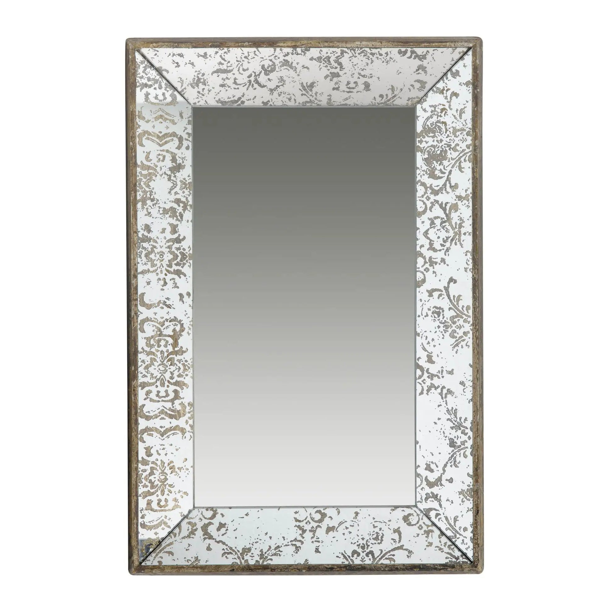 Antique rectangle wall mirror with floral distressed white frame and mirrored display tray on Tampa Home & Garden Store