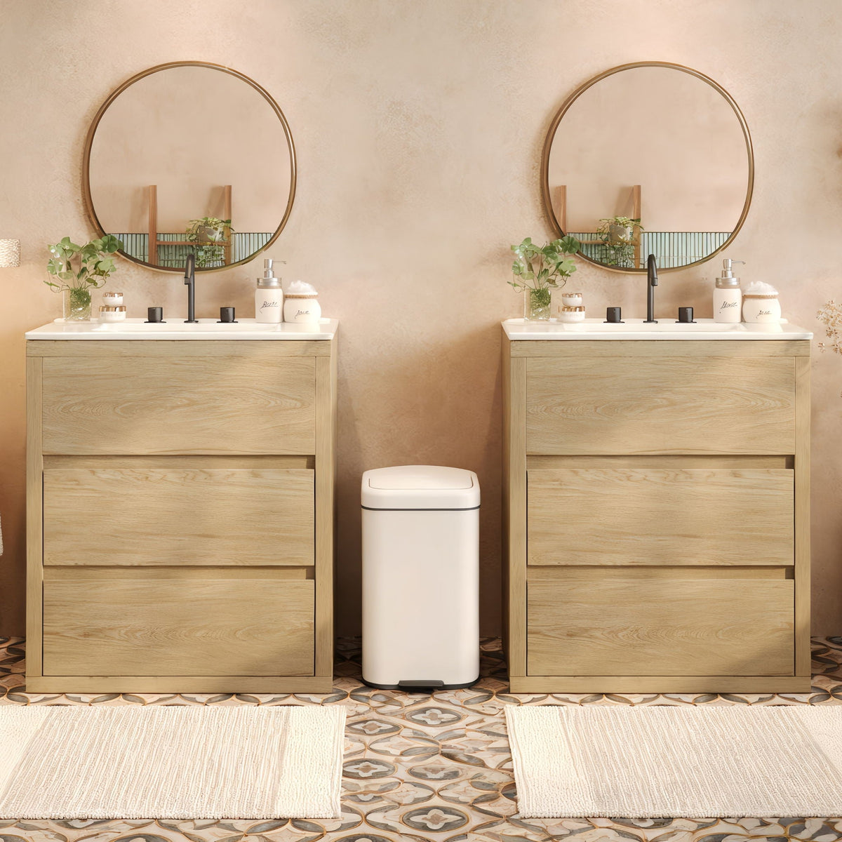 Two wood double sink bathroom vanities and cabinets in oak with round mirrors on each unit on Tampa Home & Garden Store