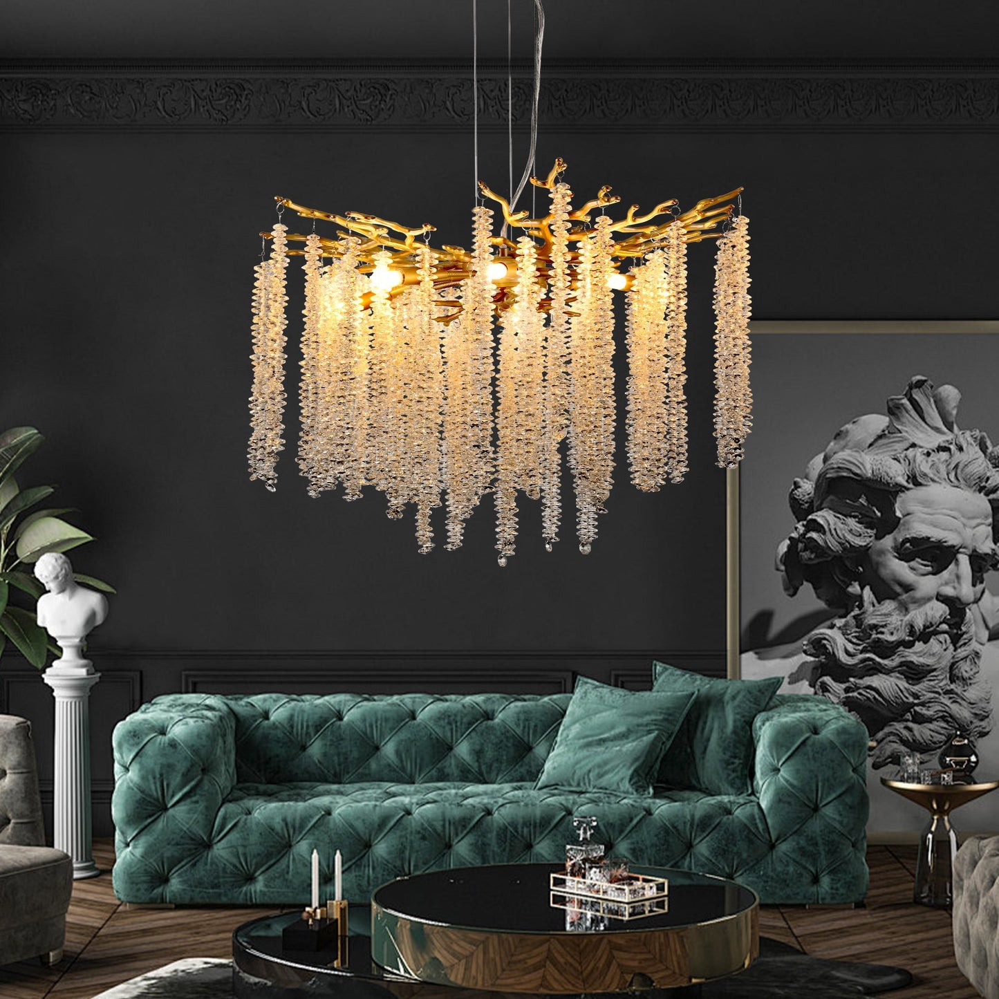 24-inch Modern Golden Pendant Light by HouseOfZazla with cascading crystal strands on Tampa Home & Garden Store