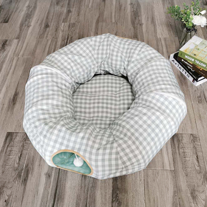 Cat tunnel sleeping nest gray white gingham round bed with teal interior on Sell My Stuff on Tampa Home & Garden Store
