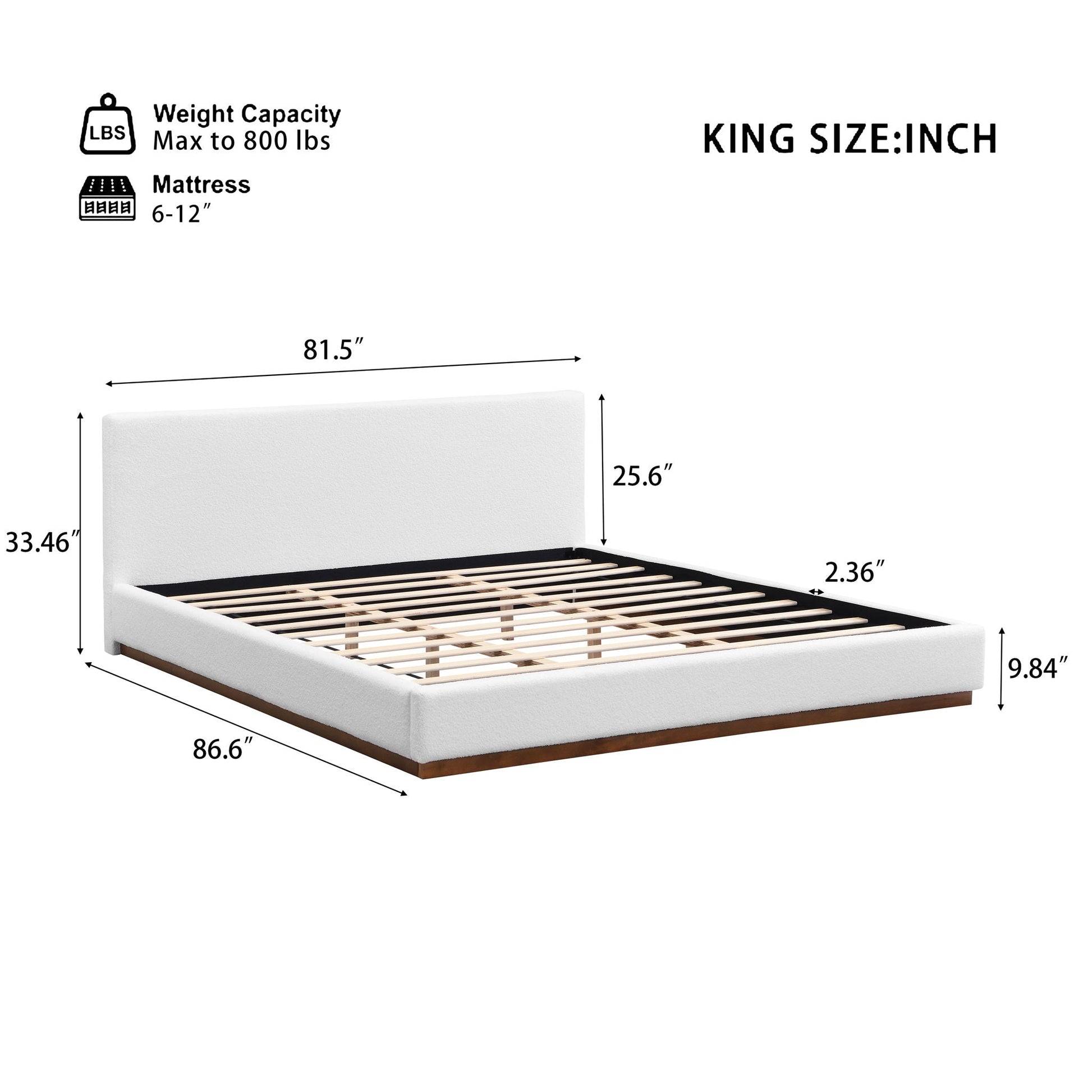 Elegant Boucle Upholstered Bed with white fabric and wood grain solid base frame HouseOfZazla on Tampa Home & Garden Store