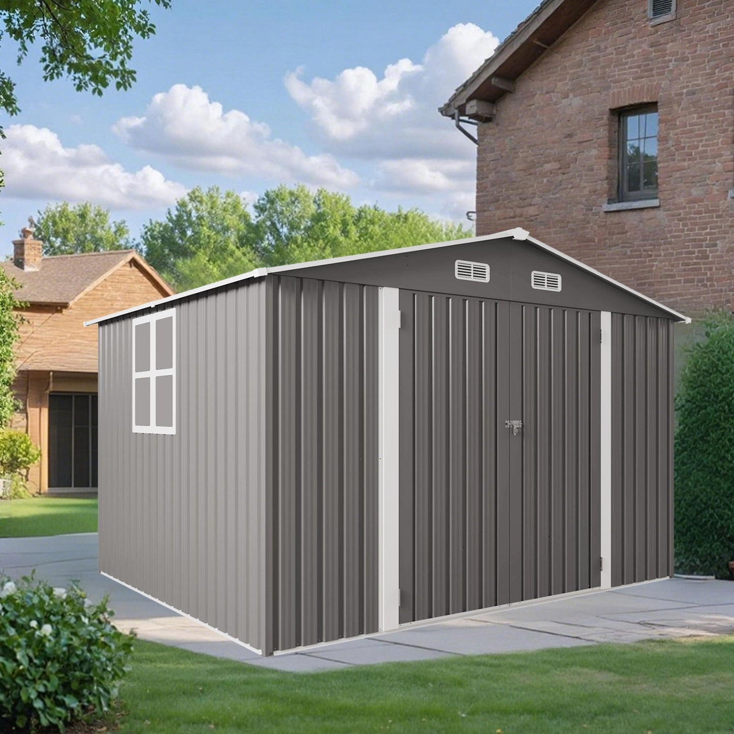 Outdoor storage shed by HouseOfZazla with lockable door and vent, gray metal siding on Tampa Home & Garden Store