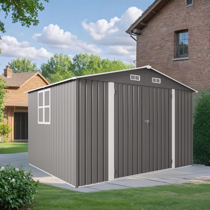 Outdoor storage shed by HouseOfZazla with lockable door and vent, gray metal siding on Tampa Home & Garden Store