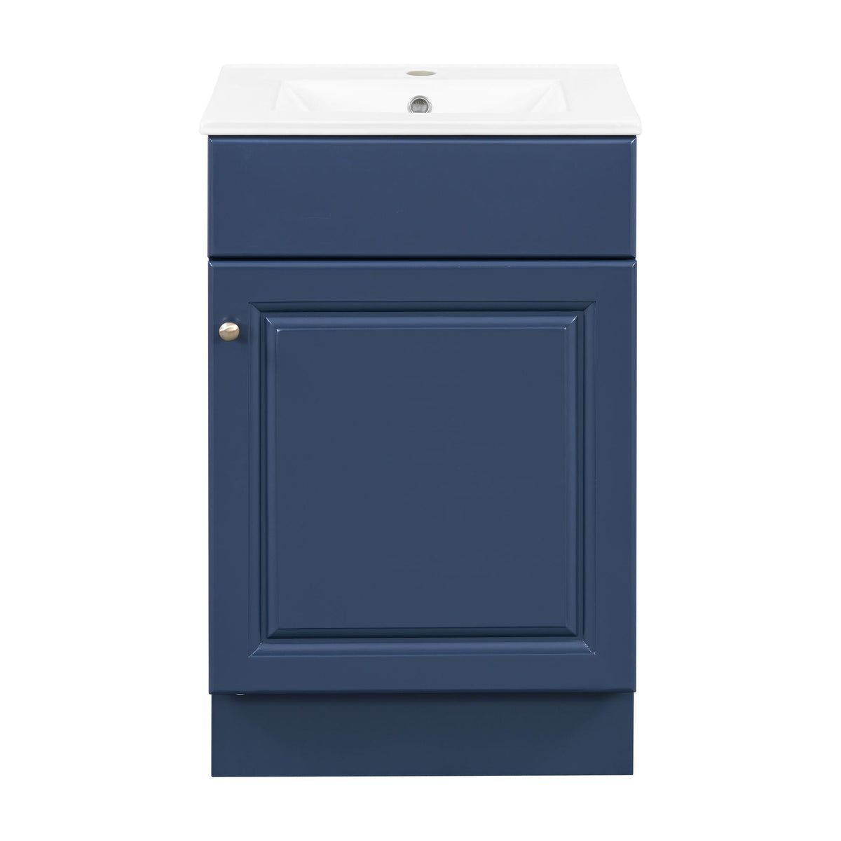 Bathroom vanity with white sink atop navy blue cabinet by HouseOfZazla, brass knob on Tampa Home & Garden Store