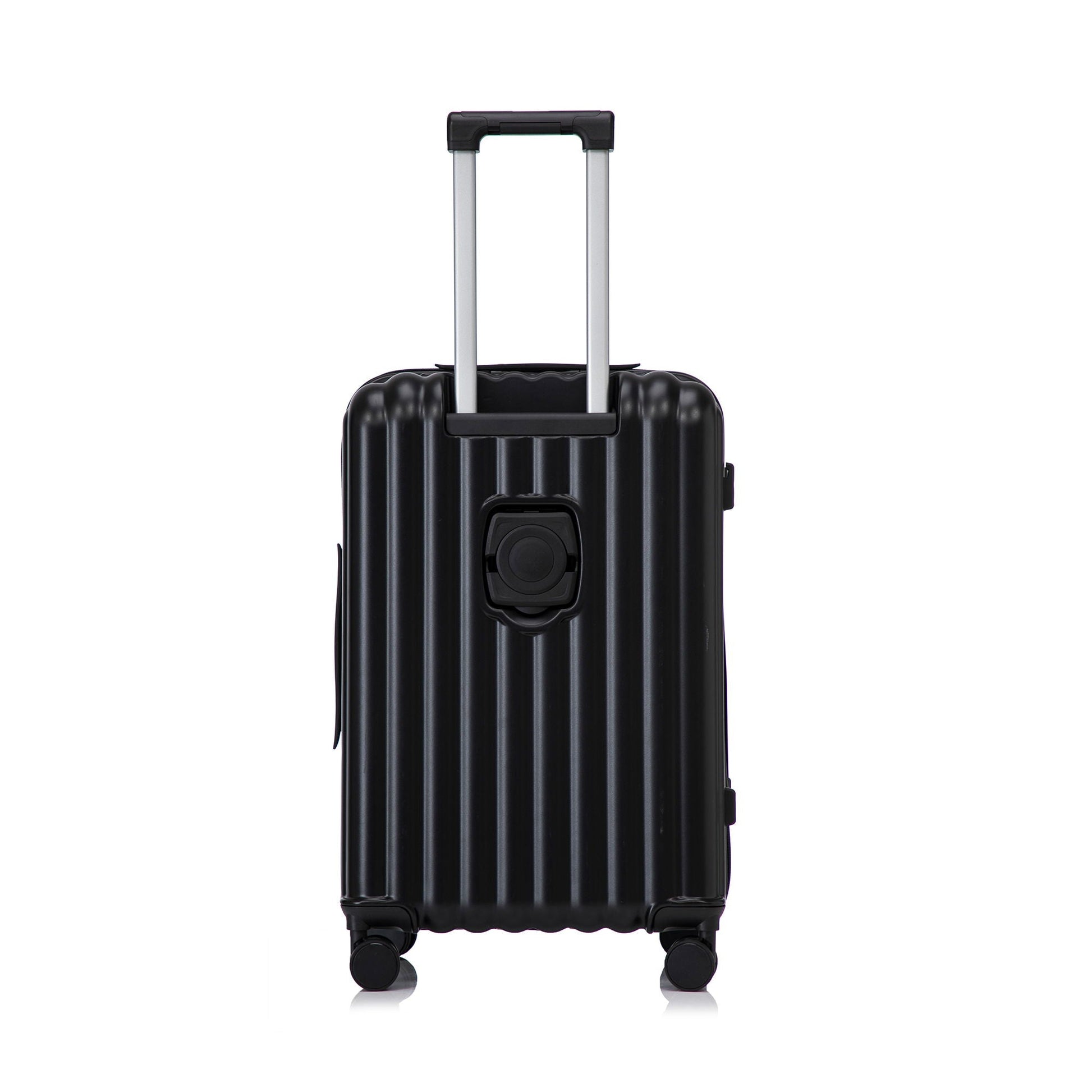 HouseOfZazla black hard-shell carry-on spinner luggage with silver telescoping handle and wheels on Tampa Home & Garden Store