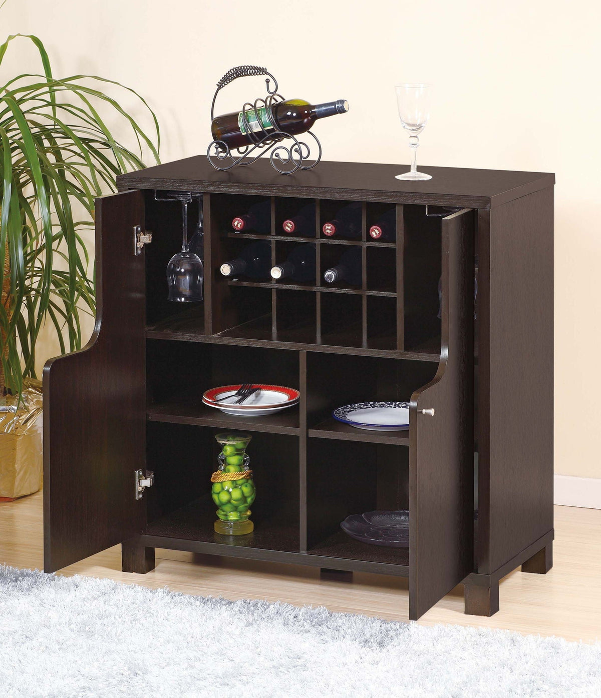 Wine cabinet in red cocoa finish with removable wine rack and glass racks bottle on top rack on Tampa Home & Garden Store