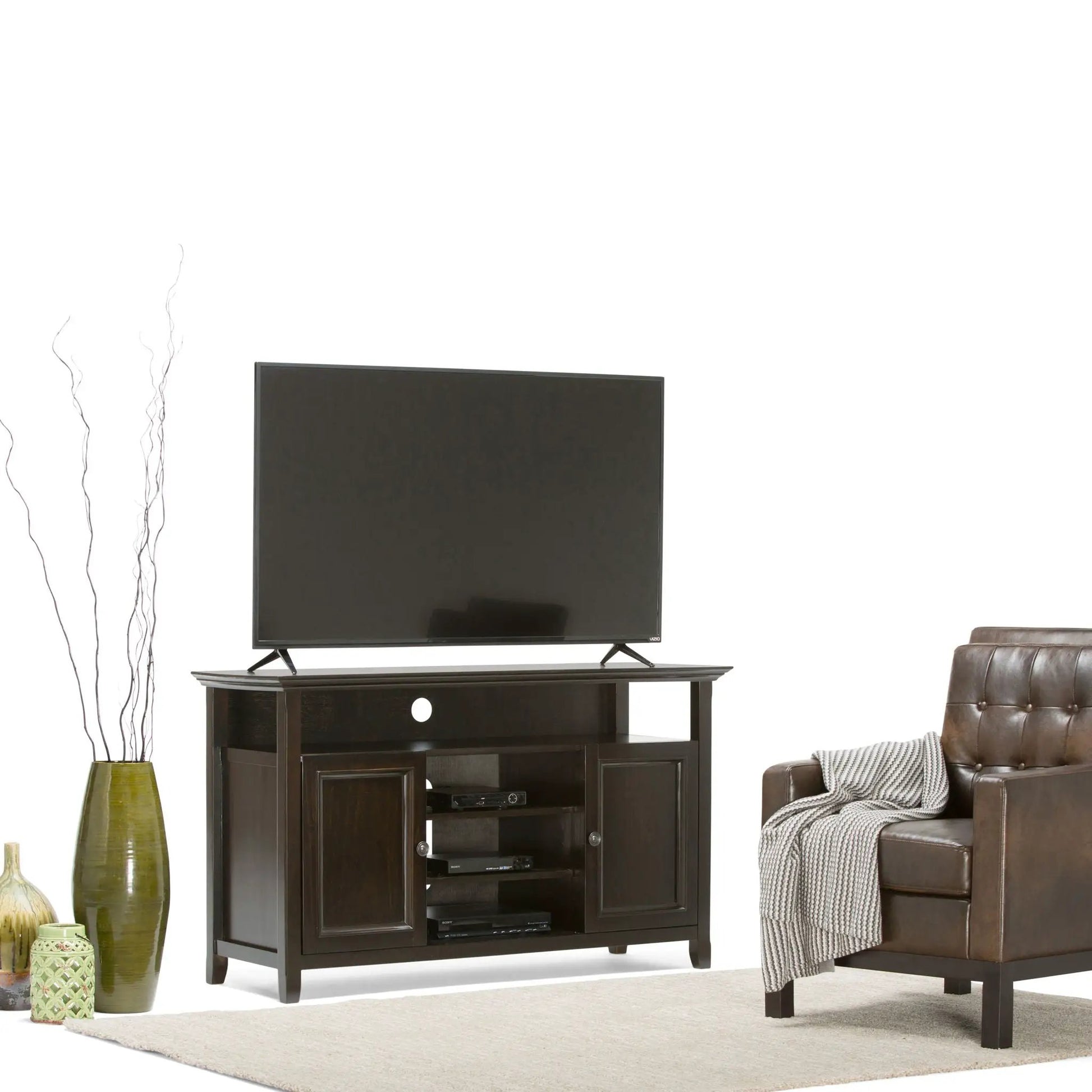 Amherst TV Media Stand dark wood by Unique Piece Furniture with open shelf and cabinets on Tampa Home & Garden Store