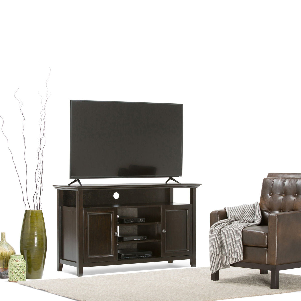 Solid wood TV stand with adjustable shelves in dark espresso finish supports TV and media components on Tampa Home & Garden Store
