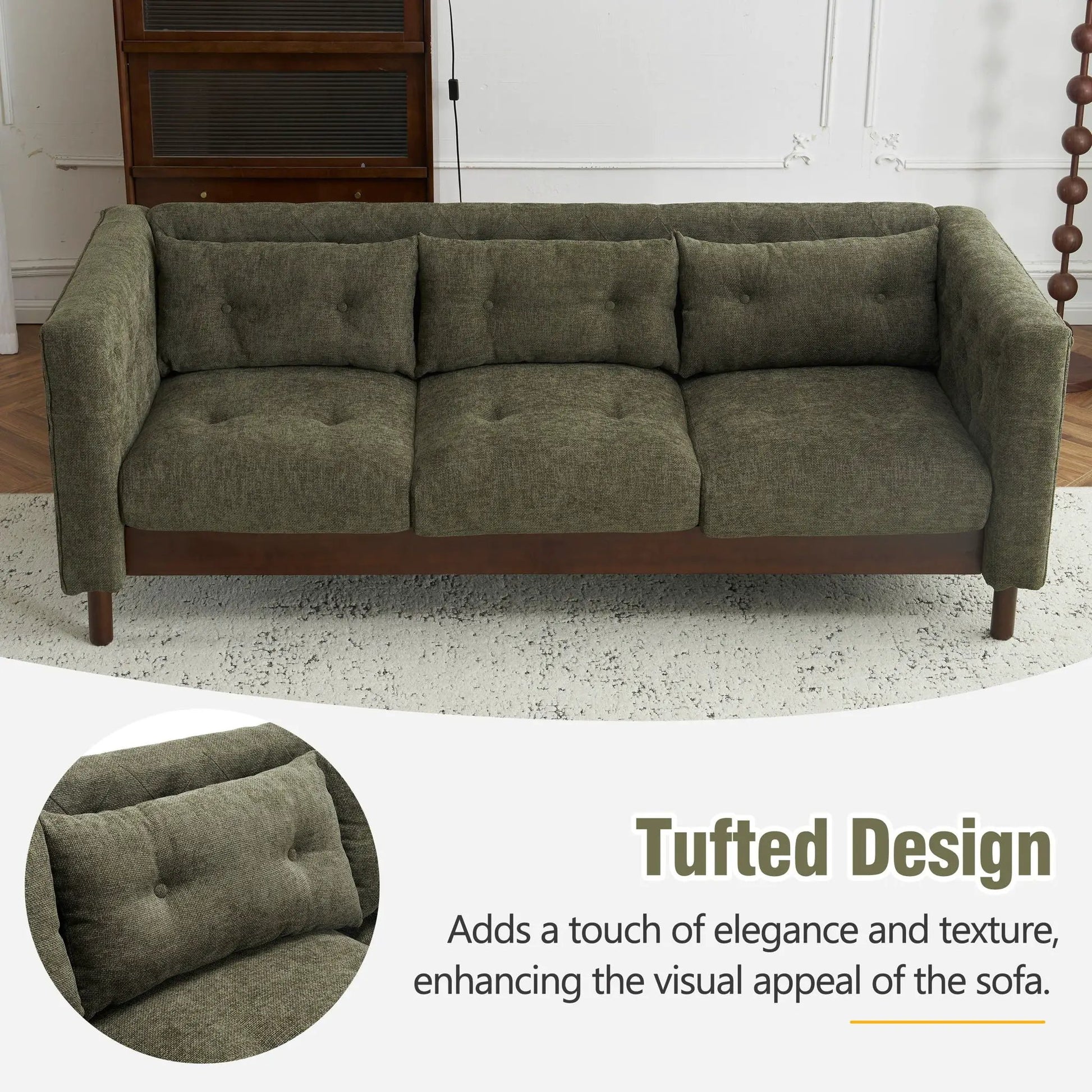 Upholstered 3 seater sofa in olive green fabric with tufted cushions and wooden legs on Tampa Home & Garden Store