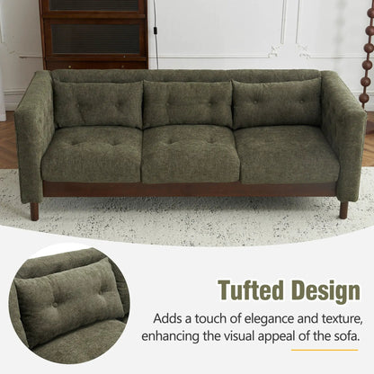 Upholstered 3 seater sofa in olive green fabric with tufted cushions and wooden legs on Tampa Home & Garden Store