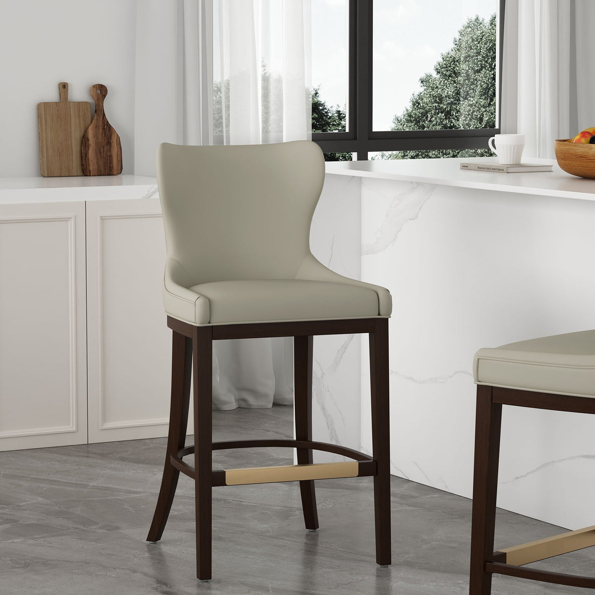 Bar Height Barstool with Backrest by HouseOfZazla cream upholstery with dark wood legs (2 shown) on Tampa Home & Garden Store
