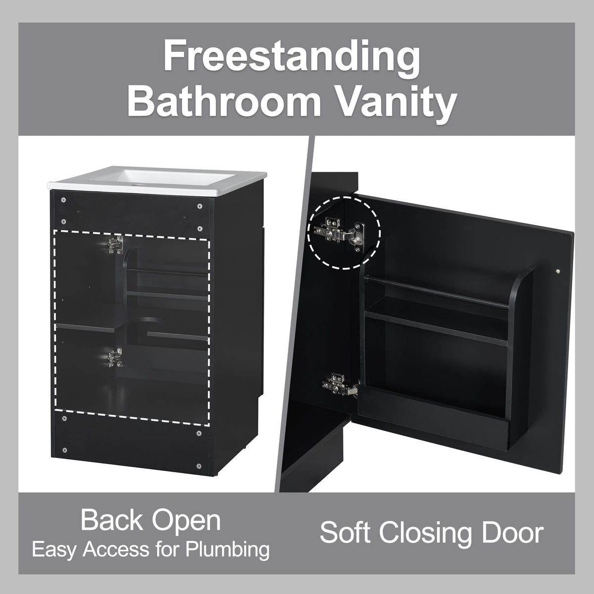 HouseOfZazla black freestanding bathroom vanity with white sink and adjustable shelf on Tampa Home & Garden Store