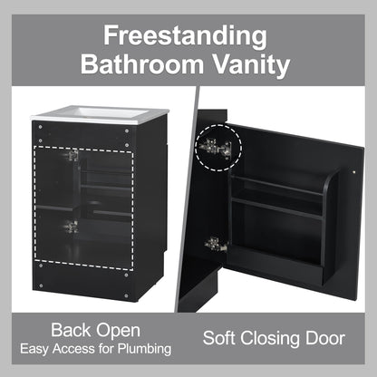 HouseOfZazla black freestanding bathroom vanity with white sink and adjustable shelf on Tampa Home & Garden Store