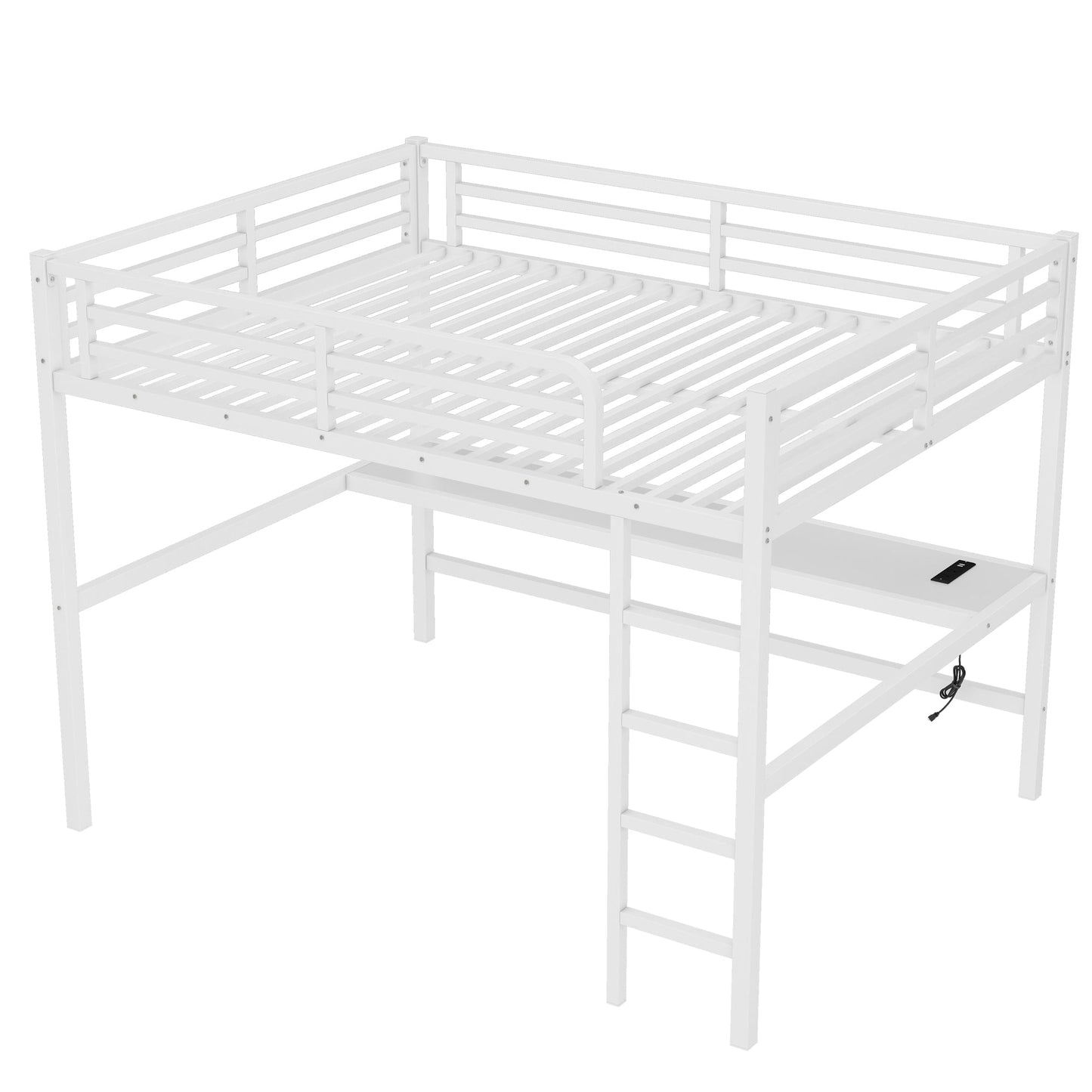 Metal queen loft bed HouseOfZazla white, with ladder, rails, power outlet and LED on Tampa Home & Garden Store