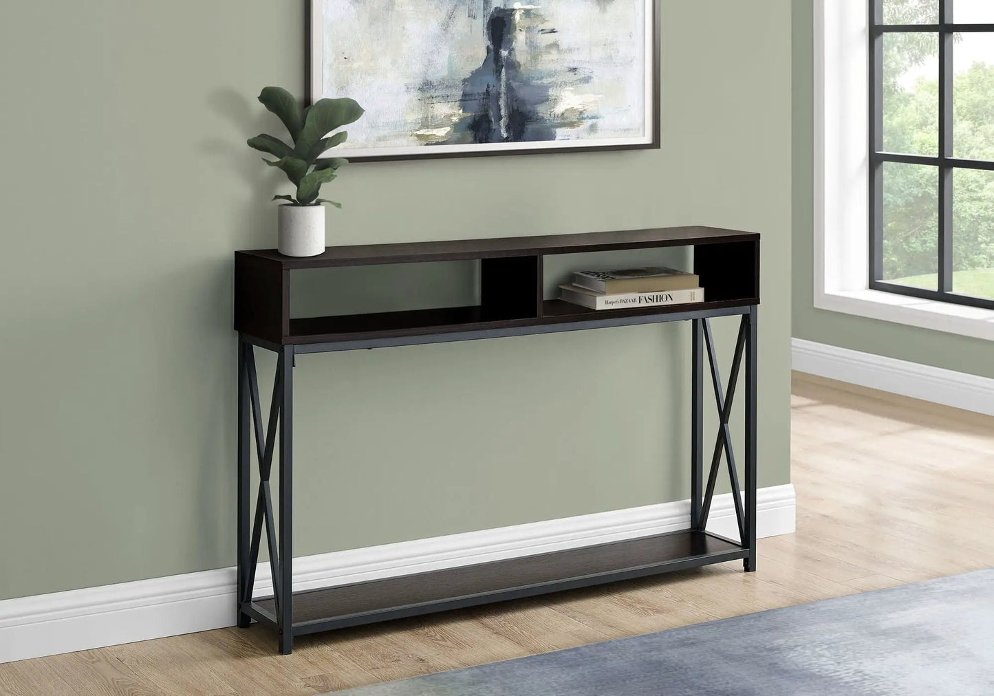Accent console table with dark wood top and black metal X-frame legs, open cubbies on Tampa Home & Garden Store