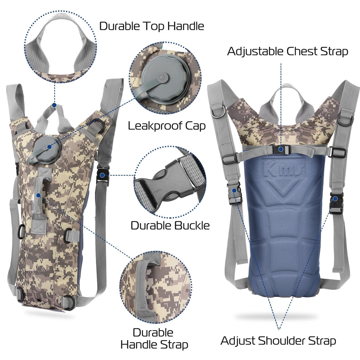 iMounTEK Tactical Hydration Pack 3L water bladder backpack in camouflage and blue with adjustable straps on Tampa Home & Garden Store