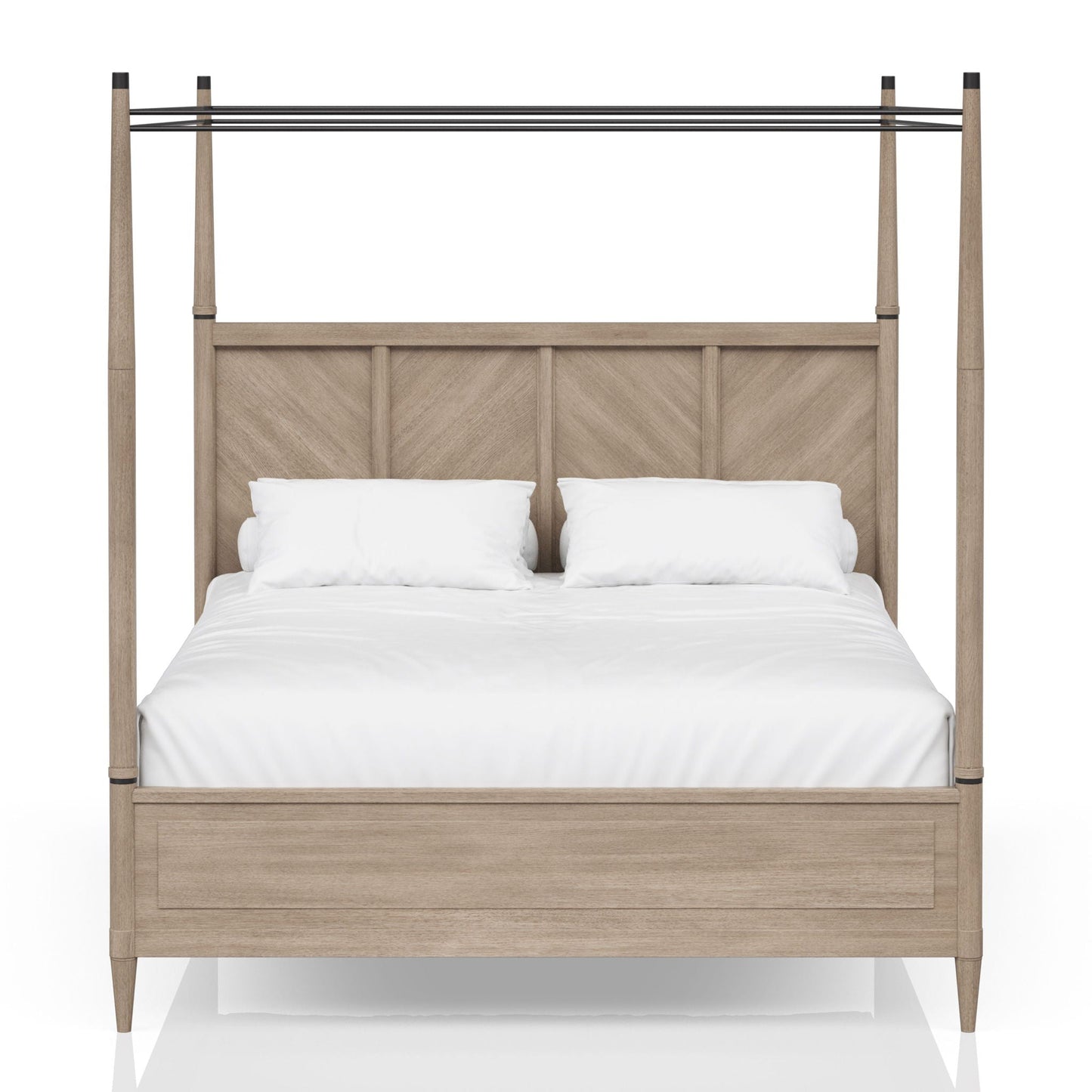 Queen canopy bed frame in sand finish with tall posts and black rails, white bedding on Tampa Home & Garden Store
