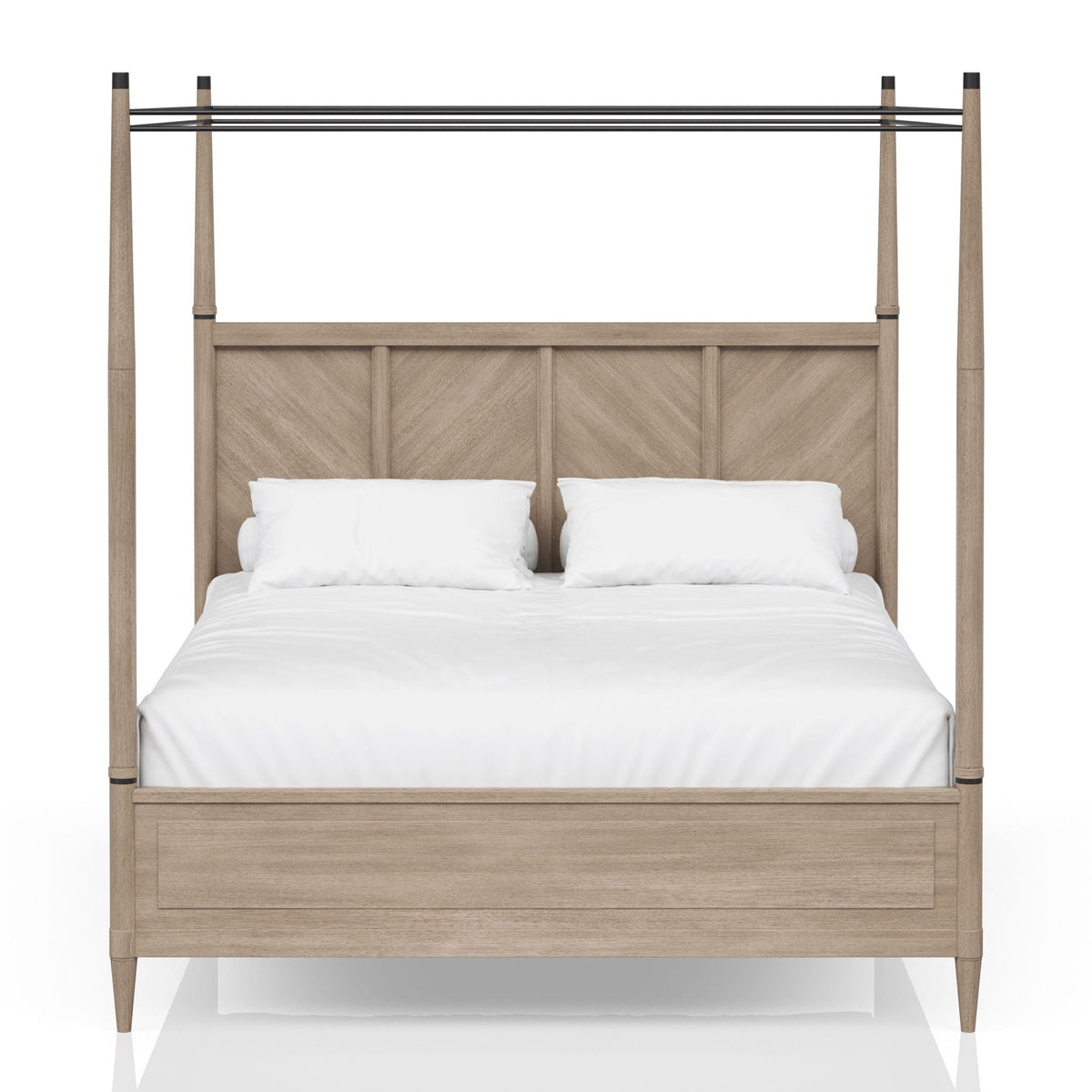 Queen canopy bed frame in sand finish with tall posts and black rails, white bedding on Tampa Home & Garden Store