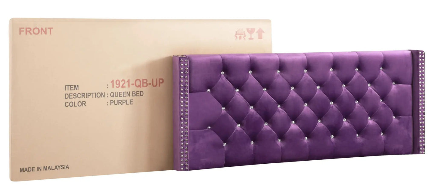 Upholstered nailhead trim queen bed in purple velvet with diamond tufting on Tampa Home & Garden Store