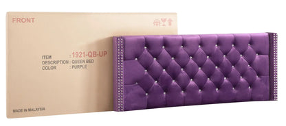 Upholstered nailhead trim queen bed in purple velvet with diamond tufting on Tampa Home & Garden Store