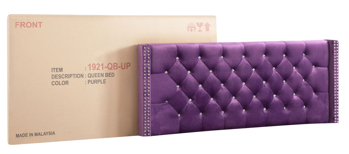 Upholstered Nailhead Trim Chic Bed purple velvet diamond-tufted headboard with studded edges on Tampa Home & Garden Store