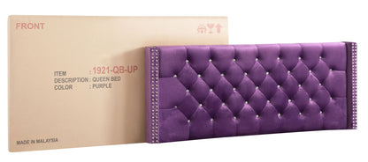 Upholstered Nailhead Trim Chic Bed purple velvet diamond-tufted headboard with studded edges on Tampa Home & Garden Store