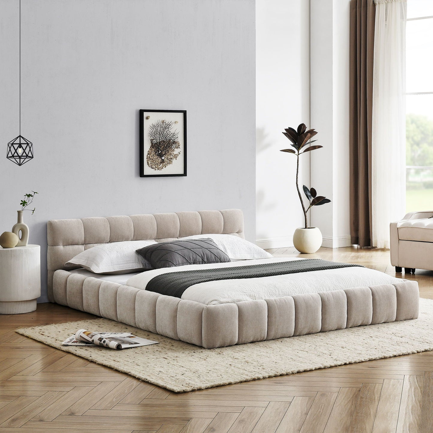 Modern Platform Bed and Thick Fabric Headboard
