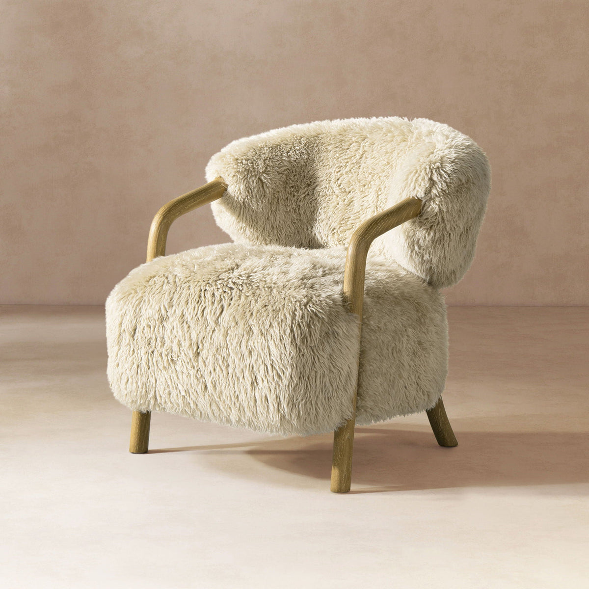 Rustic oak sheepskin upholstered arm chair with ergonomic comfort in taupe beige on Tampa Home & Garden Store