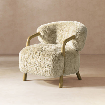 Rustic oak sheepskin upholstered arm chair with ergonomic comfort in taupe beige on Tampa Home & Garden Store