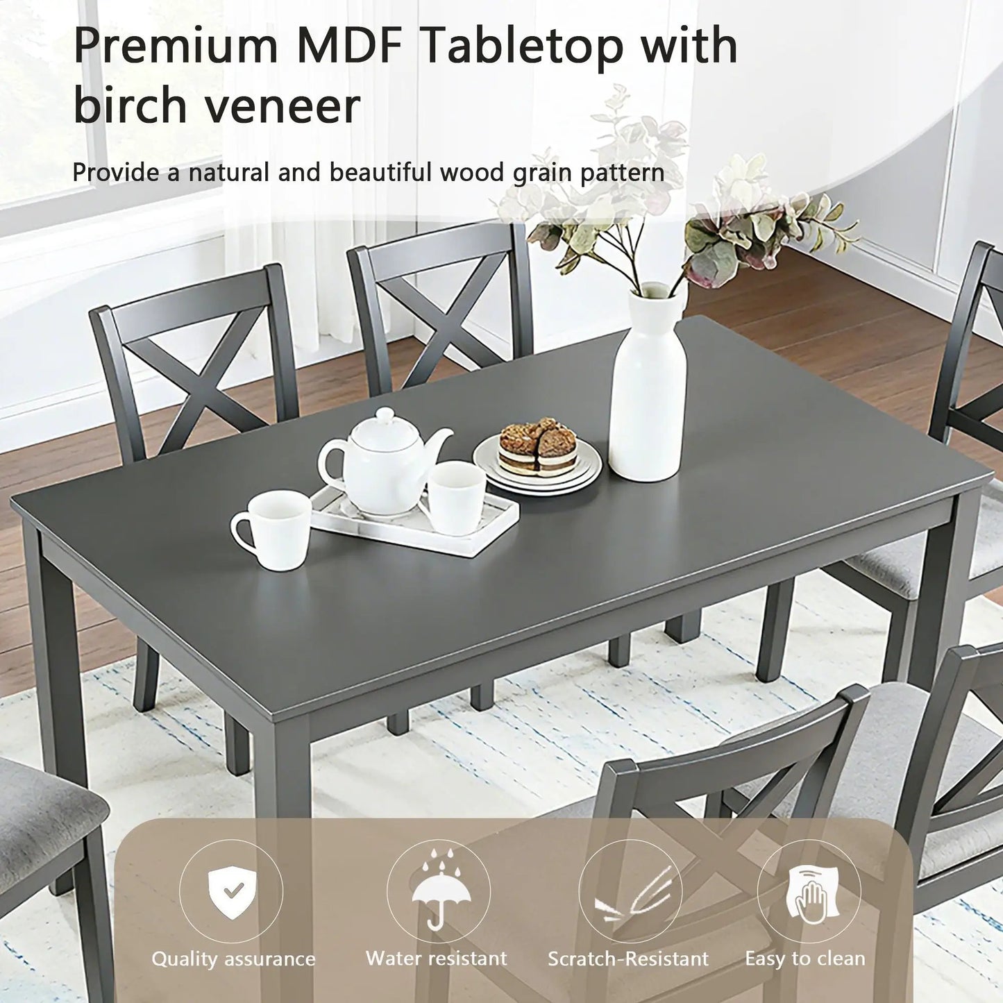 6-Piece rectangular dining table set by Unique Piece Furniture, dark charcoal with X-back chairs on Tampa Home & Garden Store