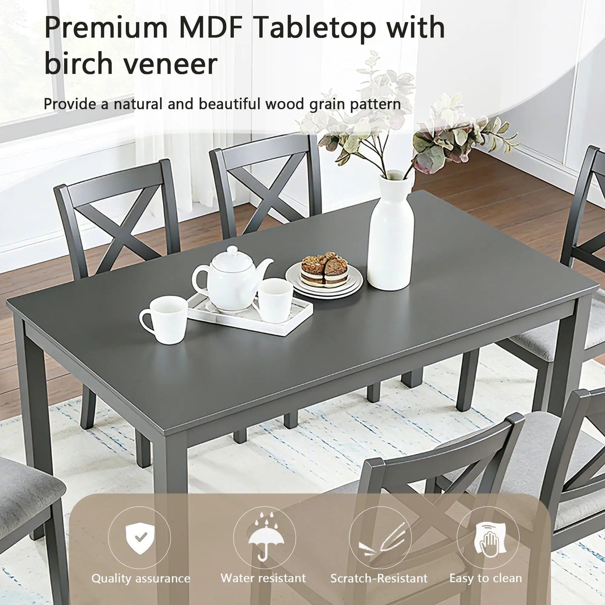 6-Piece rectangular dining table set by Unique Piece Furniture, dark charcoal with X-back chairs on Tampa Home & Garden Store