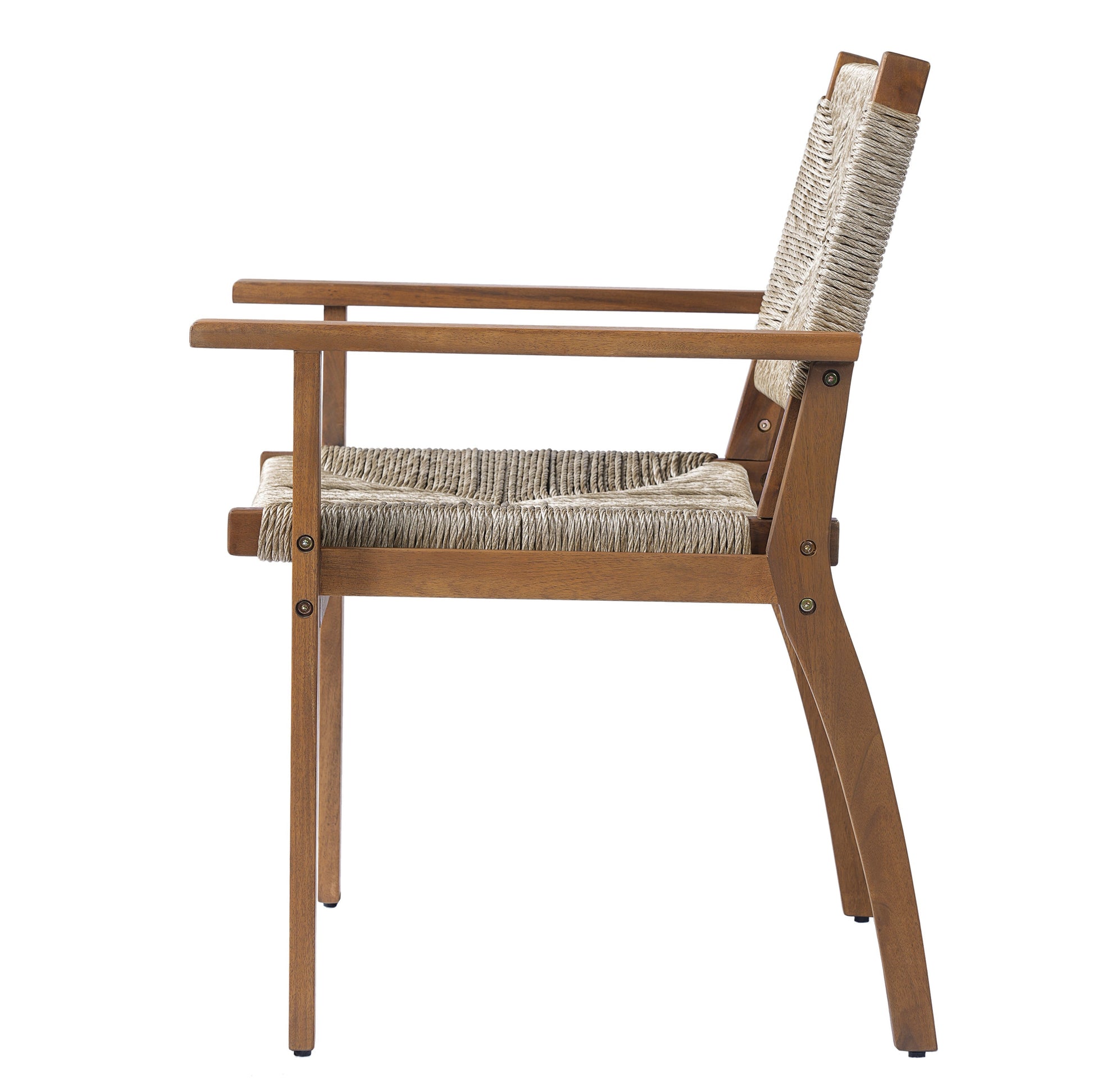 Outdoor dining chair with acacia wood frame and woven rope seat and back in warm brown on Tampa Home & Garden Store