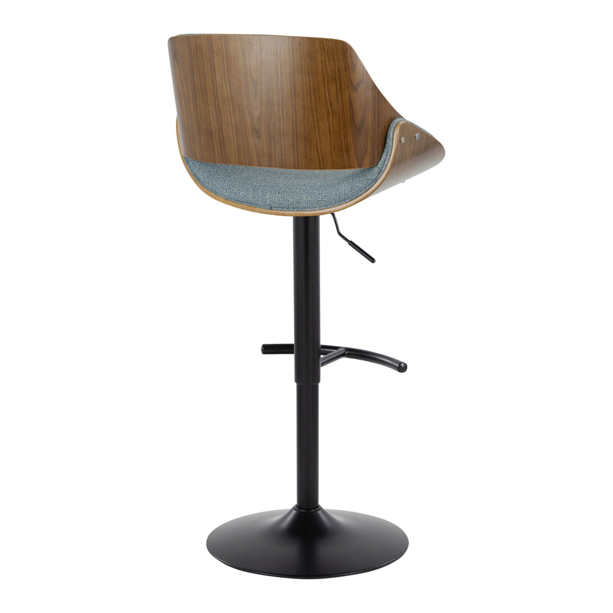 Adjustable bar stool with wood shell back, blue upholstered seat, black base HouseOfZazla on Tampa Home & Garden Store