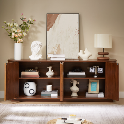 Sideboard storage cabinet in dark wood with open shelves and wave-pattern art on Tampa Home & Garden Store