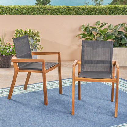 Belfast dining chair set with dark grey mesh seating on acacia wood frames, outdoor set of 2 on Tampa Home & Garden Store