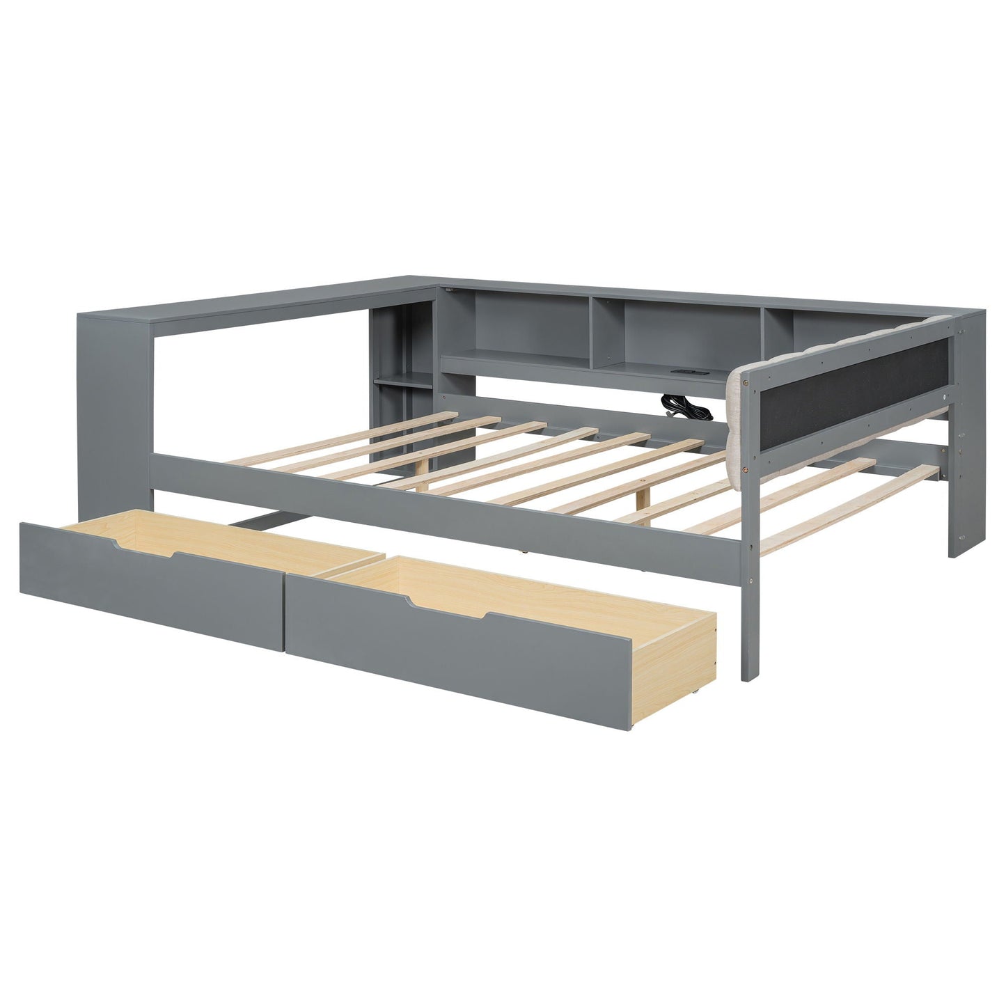 Upholstered headboard storage bed with shelves, drawers, charging station in gray metal on Tampa Home & Garden Store