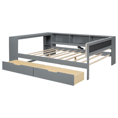 Upholstered headboard storage bed with shelves, drawers, charging station in gray metal on Tampa Home & Garden Store