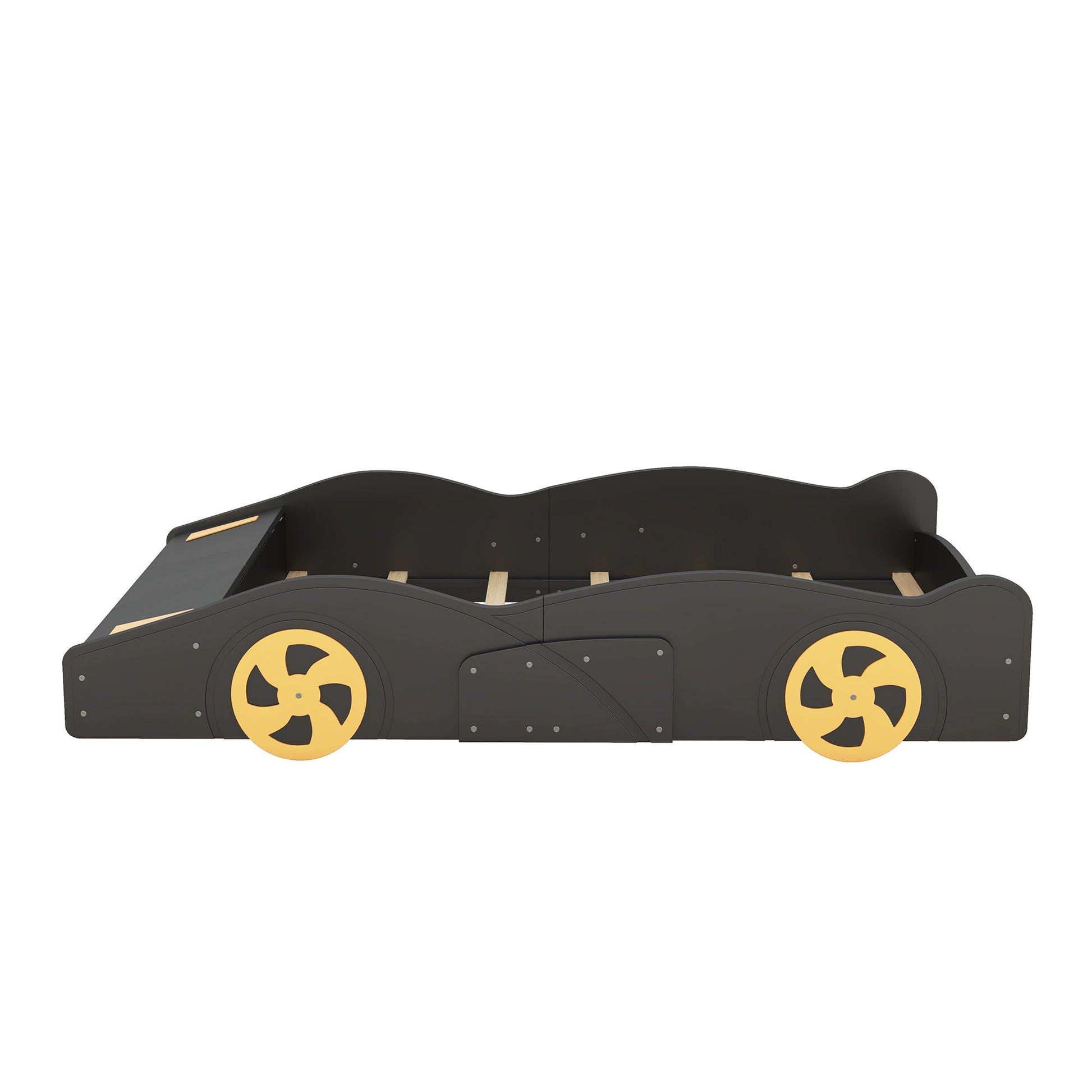 Black race car shaped platform bed with yellow wheel accents and wood slat support on Tampa Home & Garden Store