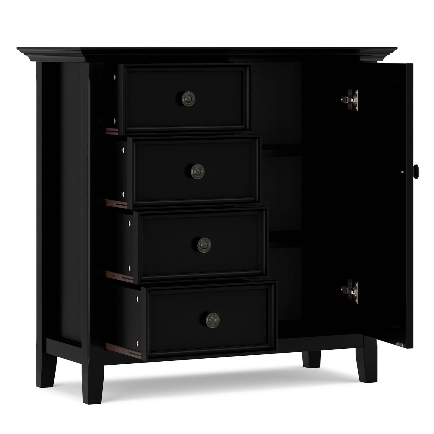 Amherst Handcrafted Black Storage Cabinet with framed drawers and open door showing copper rails on Tampa Home & Garden Store