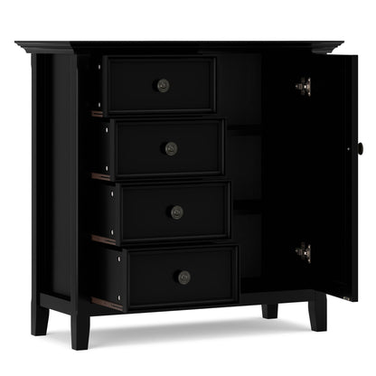 Amherst Handcrafted Black Storage Cabinet with framed drawers and open door showing copper rails on Tampa Home & Garden Store