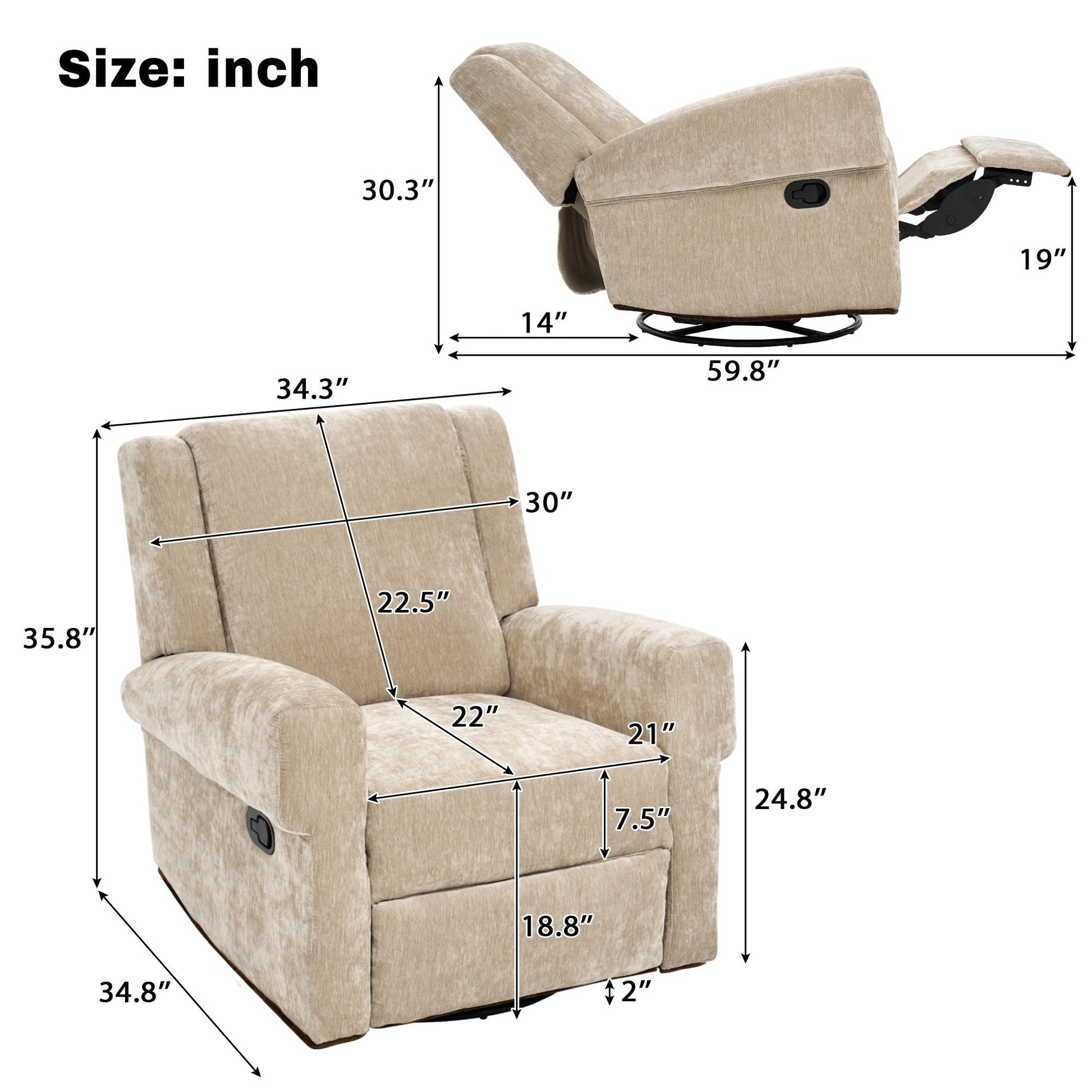 Manual recliner chair by HouseOfZazla with swivel rocker, beige fabric, dual recline angles on Tampa Home & Garden Store