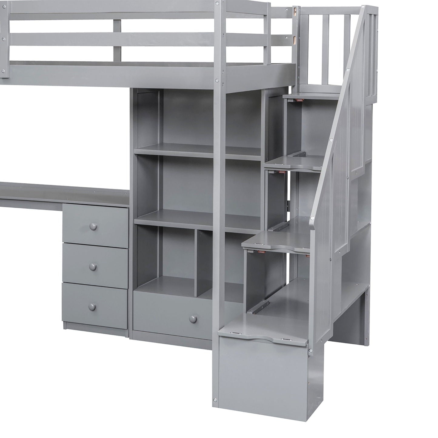 Loft bed with L-shaped desk, drawers, cabinet and storage staircase by HouseOfZazla gray finish on Tampa Home & Garden Store