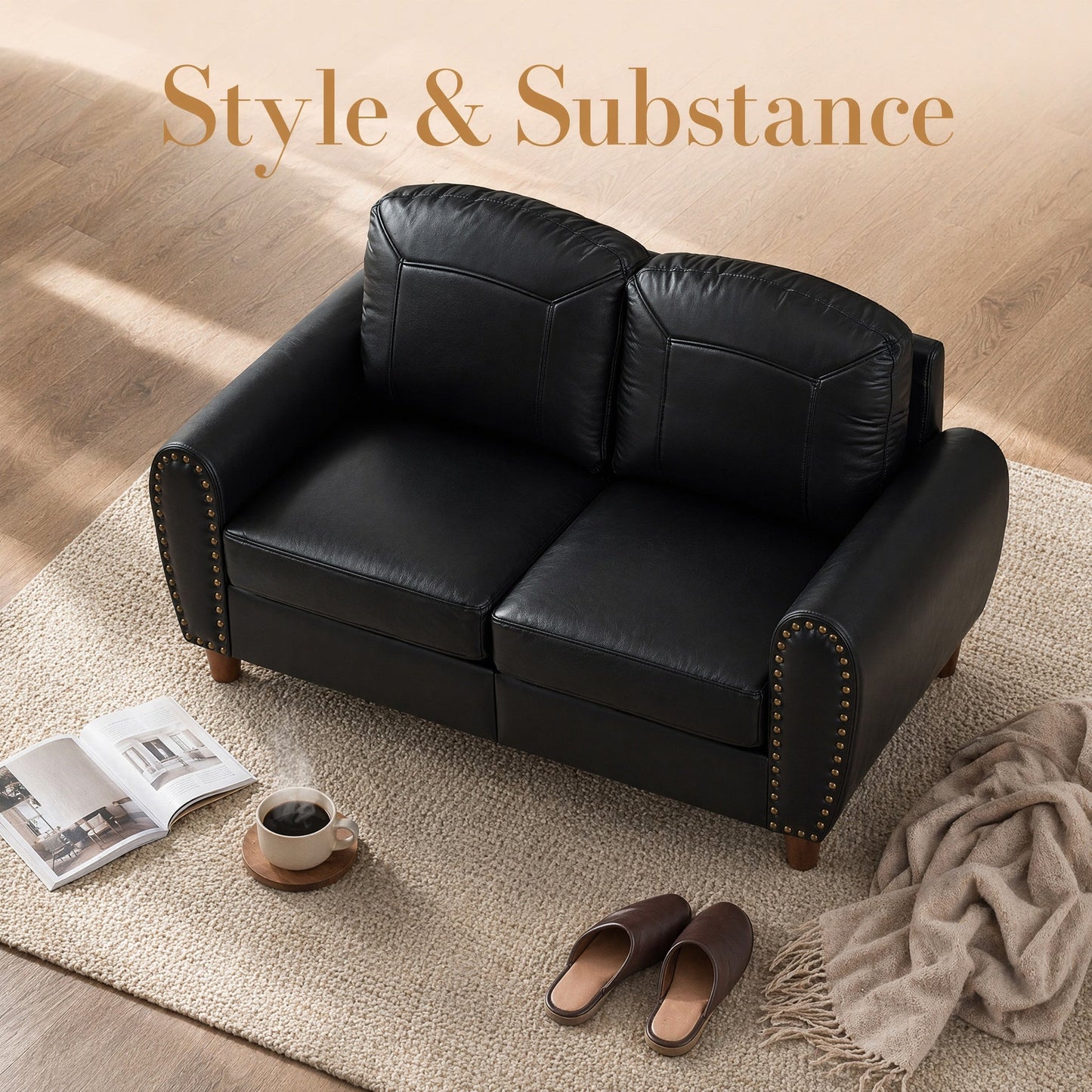 59-inch Classic Faux Leather Loveseat Sofa by HouseOfZazla with nailhead trim in black on Tampa Home & Garden Store