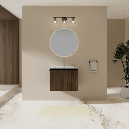 Floating bathroom vanity combo with towel rack, dark wood slatted cabinet, round backlit mirror, 3-light bar on Tampa Home & Garden Store