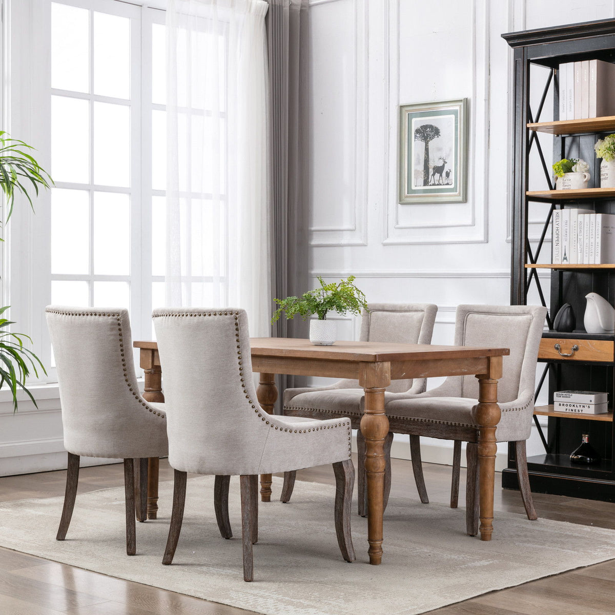 Ultra Side Dining Chair Set of 2 beige fabric chairs with nailhead trim dark legs HouseOfZazla on Tampa Home & Garden Store