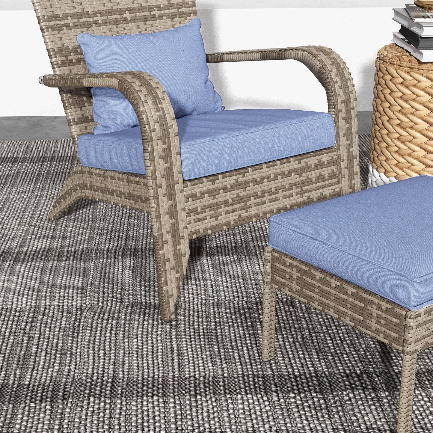 Wicker Adirondack Chair with Ottoman, blue cushions by HouseOfZazla outdoor furniture on Tampa Home & Garden Store