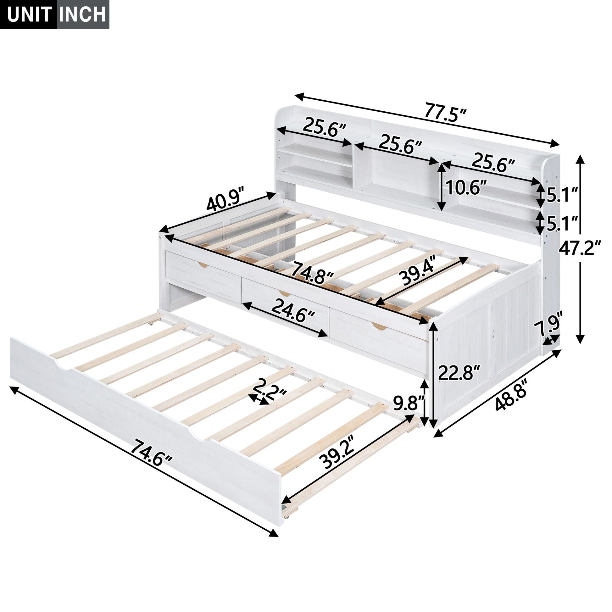 White captain bed with built-in bookshelves, 3 storage drawers and trundle by HouseOfZazla on Tampa Home & Garden Store