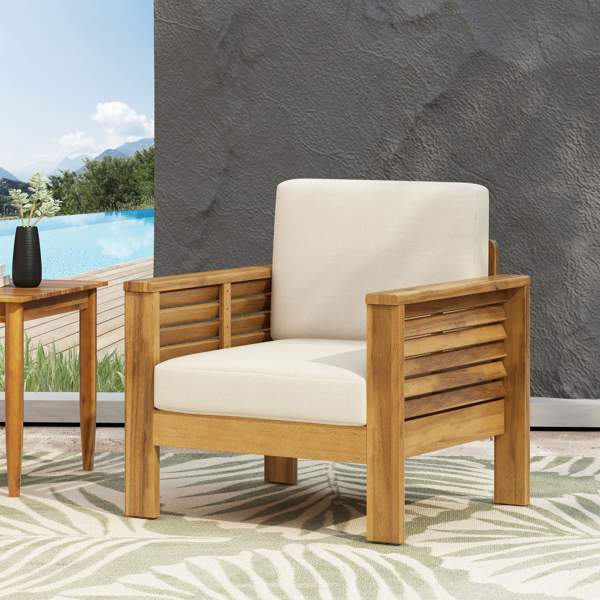 Slat Design Club Chairs With Cushions outdoor arm chairs with beige cushions, wooden frames on Tampa Home & Garden Store