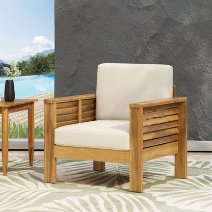 Slat Design Club Chairs With Cushions outdoor arm chairs with beige cushions, wooden frames on Tampa Home & Garden Store